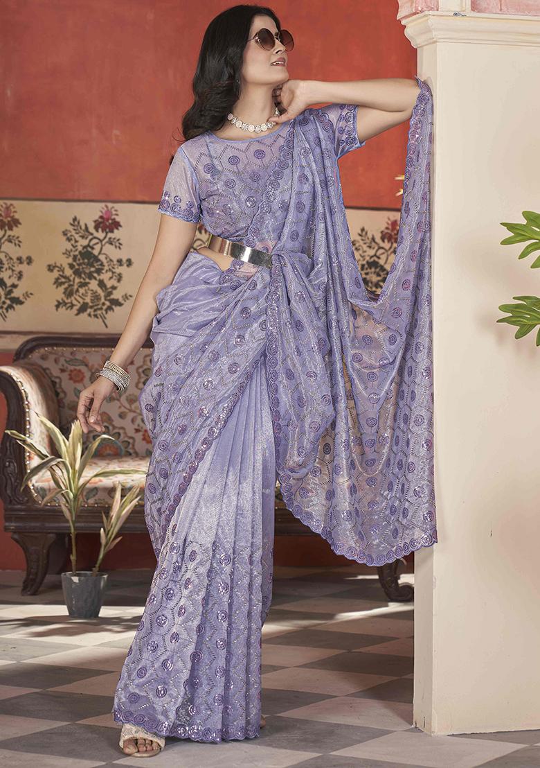 Lavender Sequin Work Tissue Saree Set