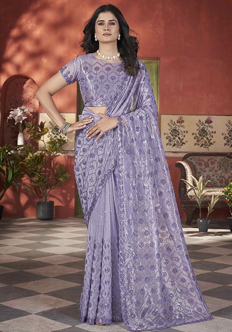 Lavender Sequin Work Tissue Saree Set