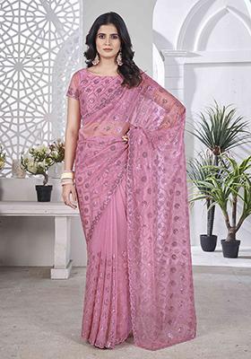 Pink Sequin Work Tissue Saree Set