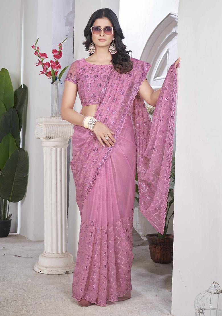 Pink Sequin Work Tissue Saree Set