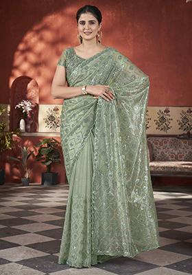 Green Sequin Work Tissue Saree Set