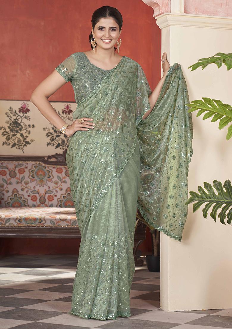 Green Sequin Work Tissue Saree Set