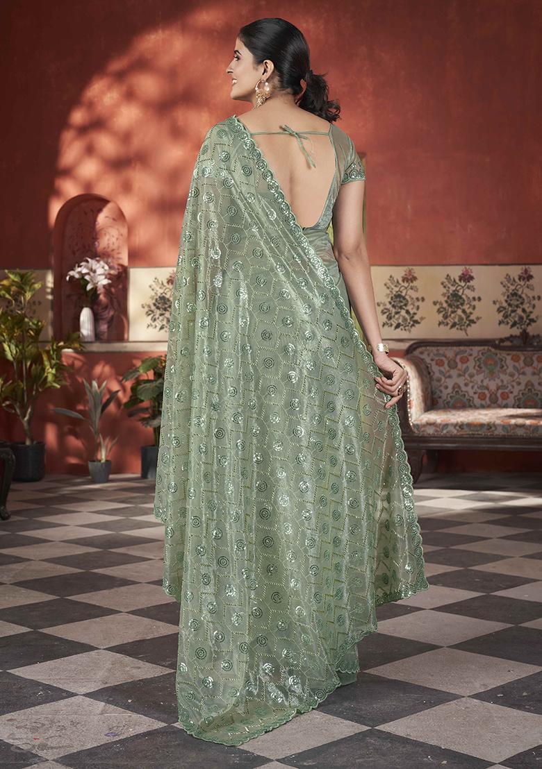 Green Sequin Work Tissue Saree Set