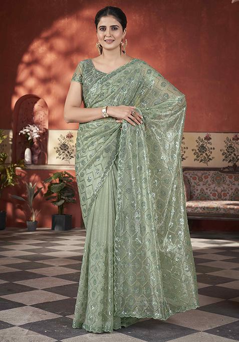 Green Sequin Work Tissue Saree Set