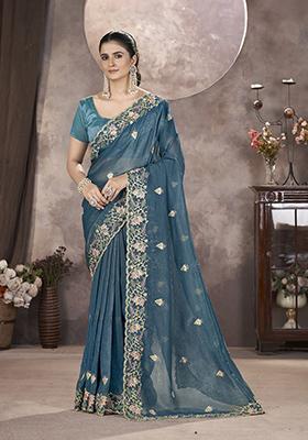Blue Embroidered Art Silk Saree Set