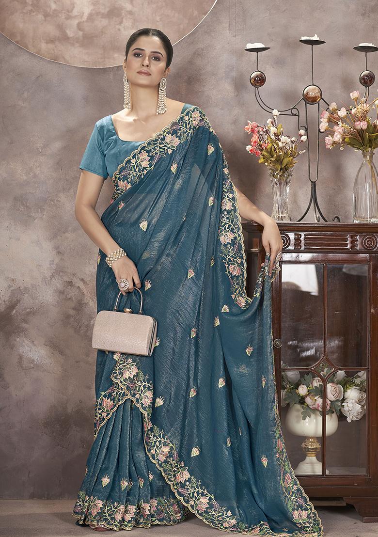 Blue Embroidered Art Silk Saree Set