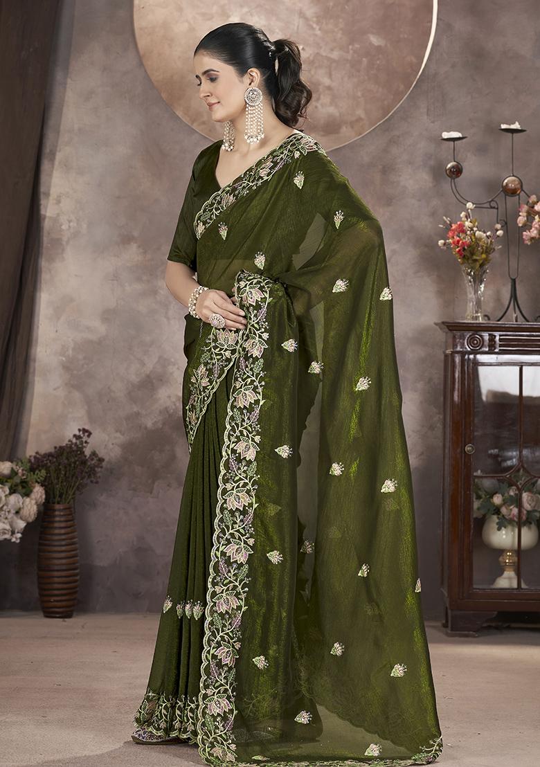 Green Embroidered Art Silk Saree Set
