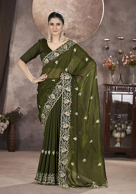 Green Embroidered Art Silk Saree Set