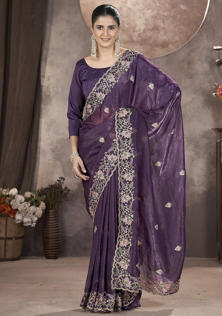 Purple Embroidered Art Silk Saree Set