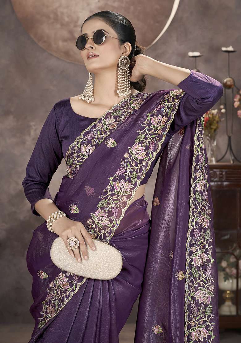 Purple Embroidered Art Silk Saree Set for Diwali and Festive Wear - Indya