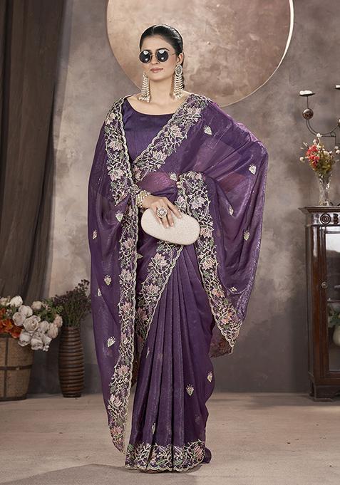 Purple Embroidered Art Silk Saree Set