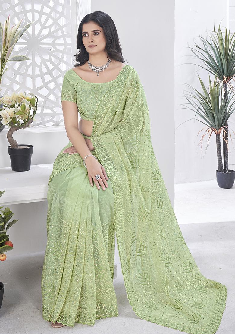 Green Sequin Work Tissue Saree Set
