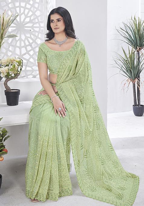 Green Sequin Work Tissue Saree Set