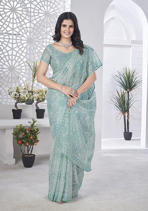 Sea Green Sequin Work Tissue Saree Set