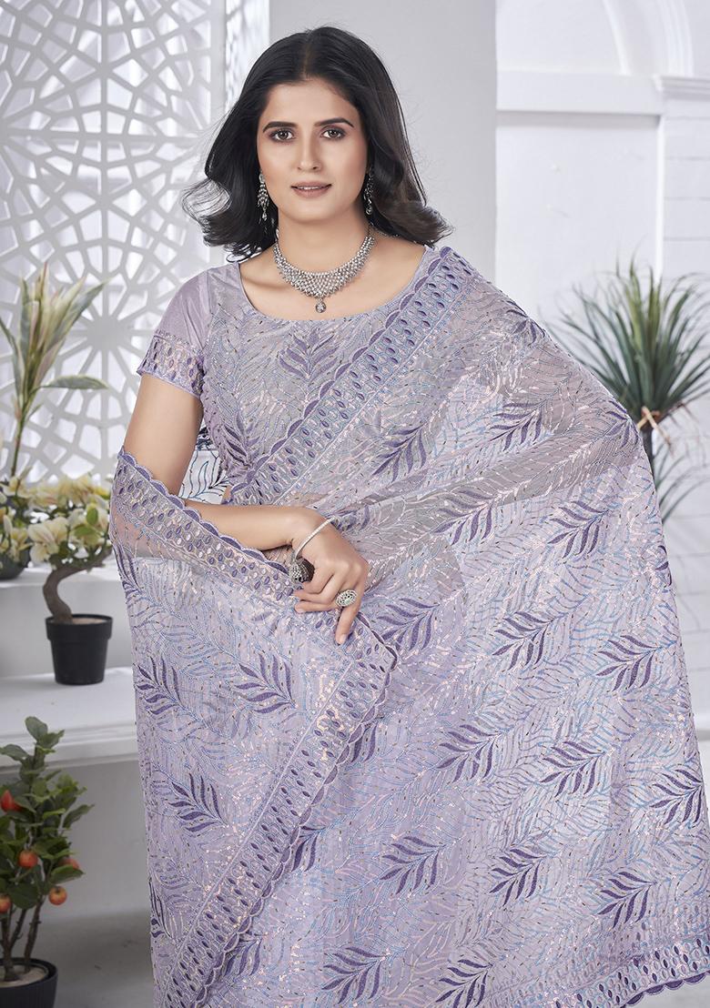 Lavender Sequin Work Tissue Saree Set