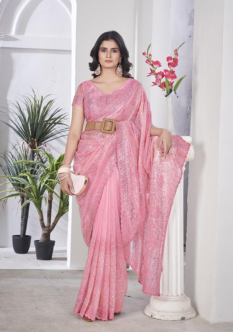 Pink Sequin Work Tissue Saree Set
