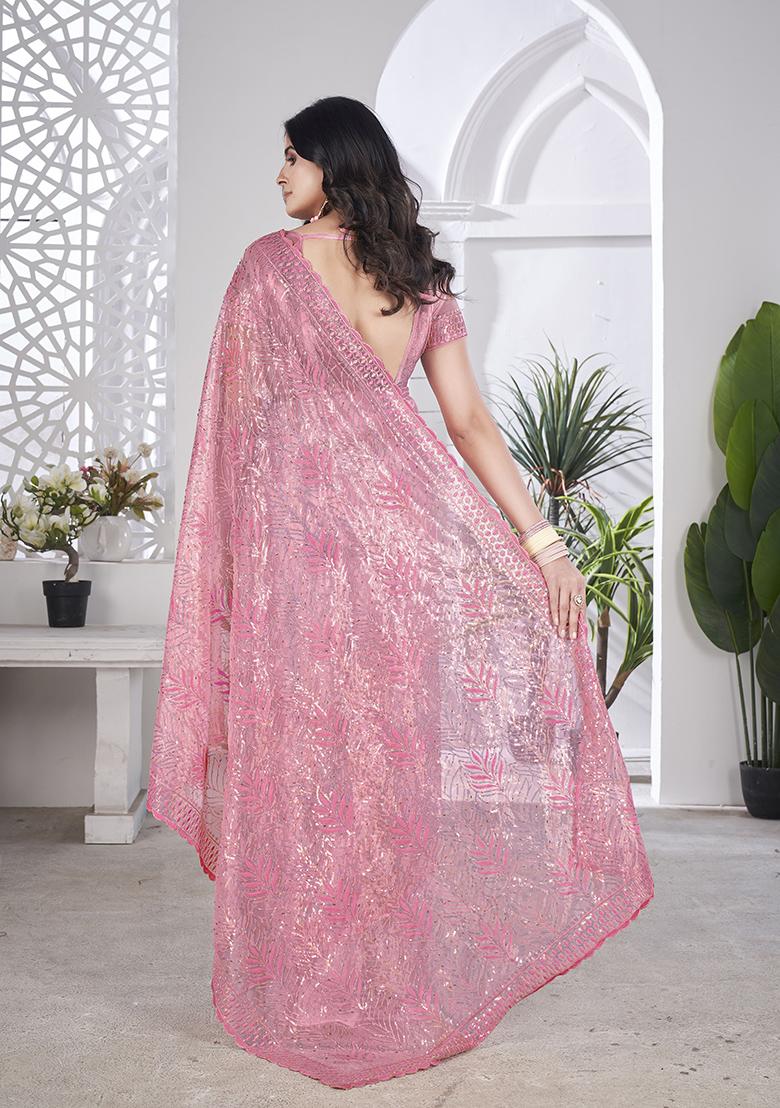 Pink Sequin Work Tissue Saree Set