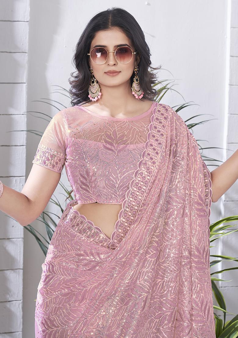 Purple Sequin Work Tissue Saree Set