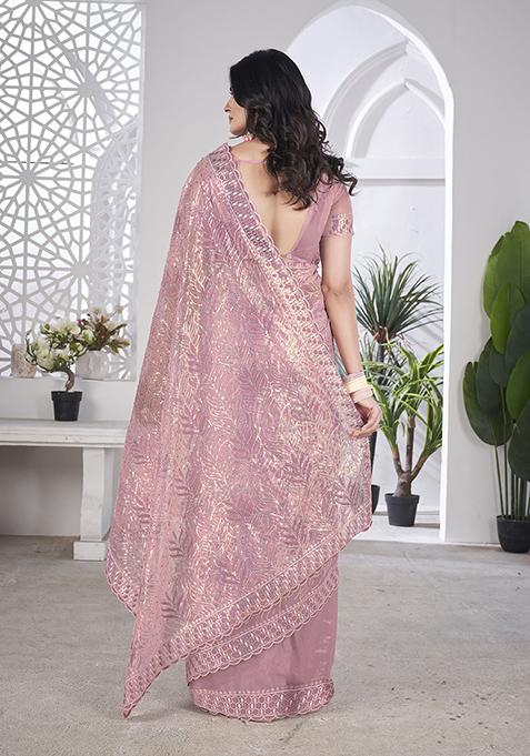 Purple Sequin Work Tissue Saree Set