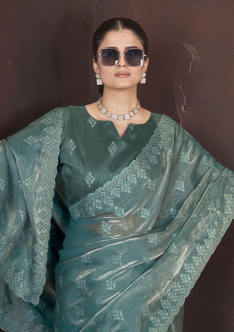 Teal Embroidered Art Silk Saree Set