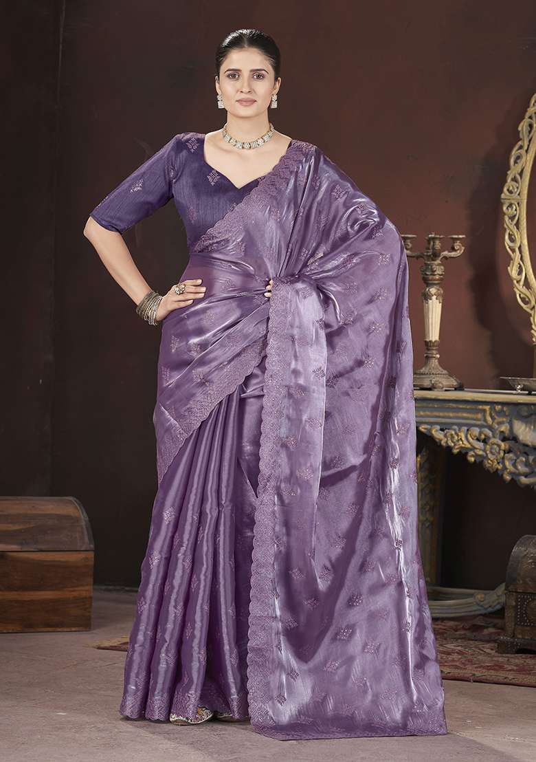 Purple Embroidered Art Silk Saree Set for Diwali and Festive Wear - Indya