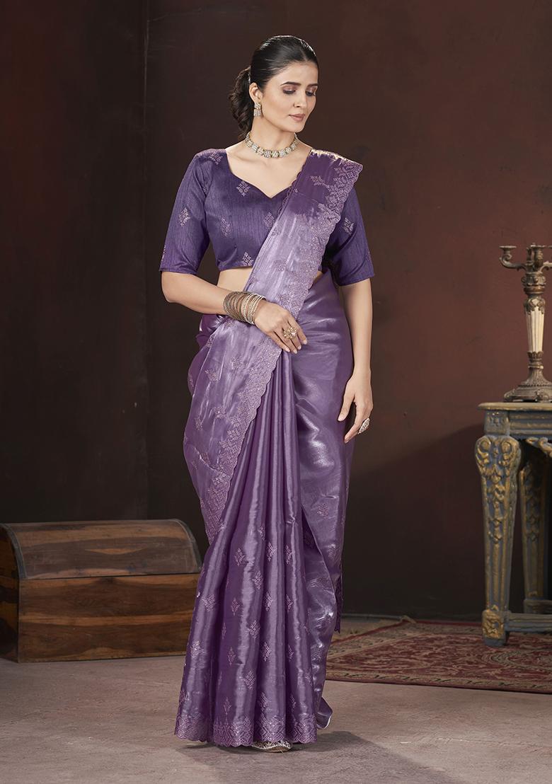Purple Embroidered Art Silk Saree Set