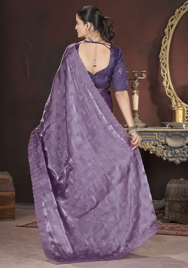 Purple Embroidered Art Silk Saree Set for Diwali and Festive Wear - Indya