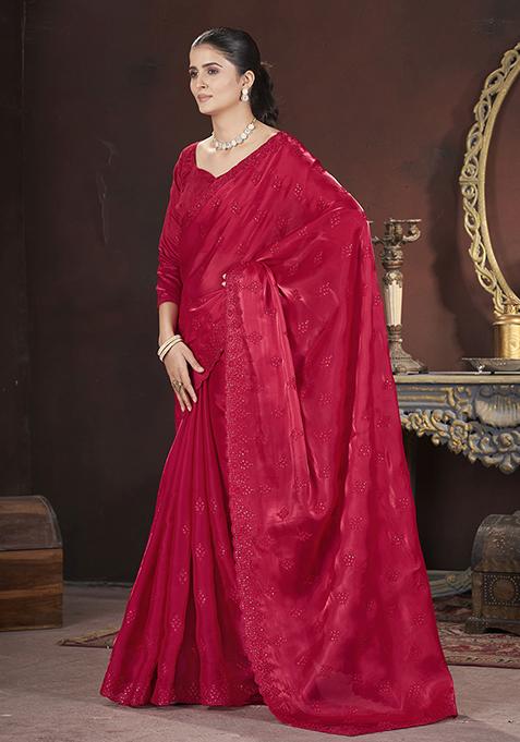 Red Embroidered Art Silk Saree Set
