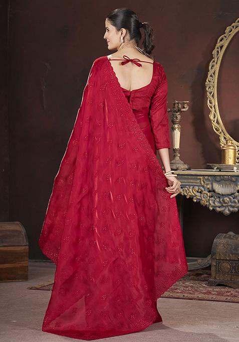 Red Embroidered Art Silk Saree Set