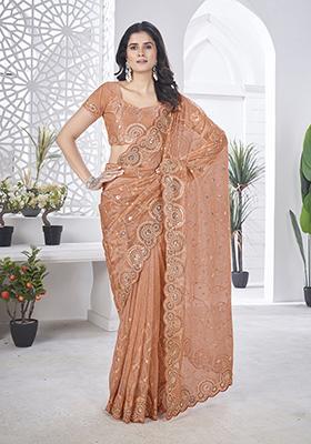 Peach Sequin Work Tissue Saree Set
