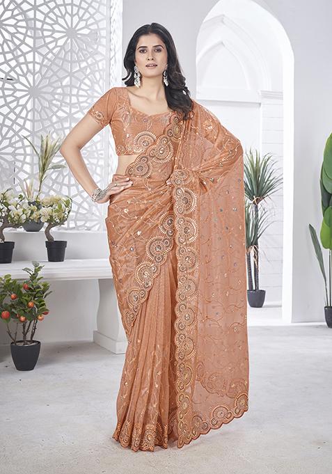 Peach Sequin Work Tissue Saree Set