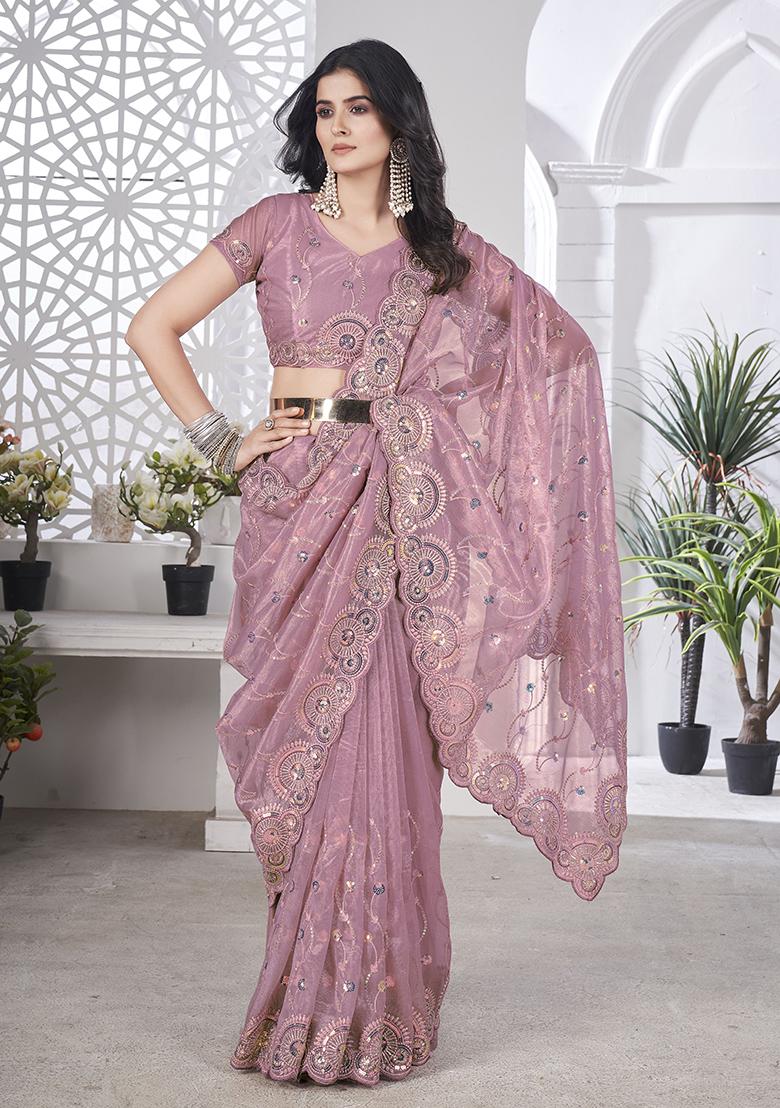 Pink Sequin Work Tissue Saree Set