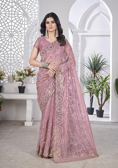 Pink Sequin Work Tissue Saree Set