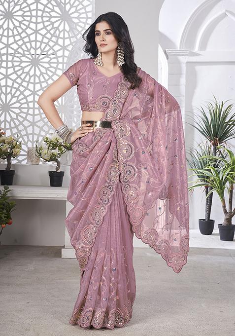 Pink Sequin Work Tissue Saree Set