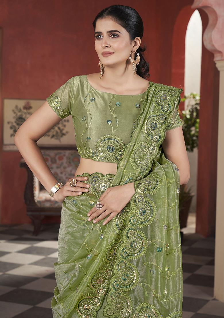 Green Sequin Work Tissue Saree Set