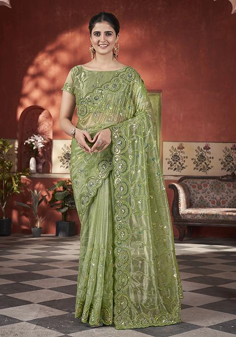Green Sequin Work Tissue Saree Set