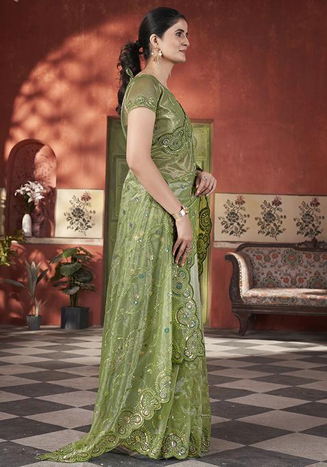 Green Sequin Work Tissue Saree Set