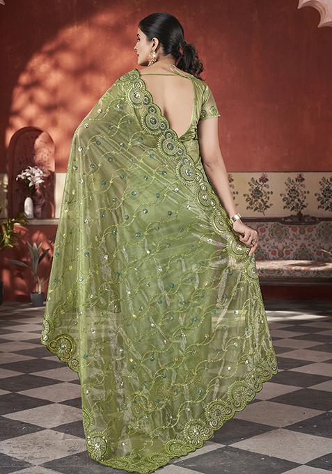 Green Sequin Work Tissue Saree Set