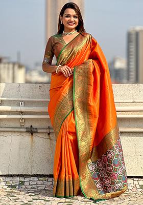 Orange Zari Woven Tissue Saree Set