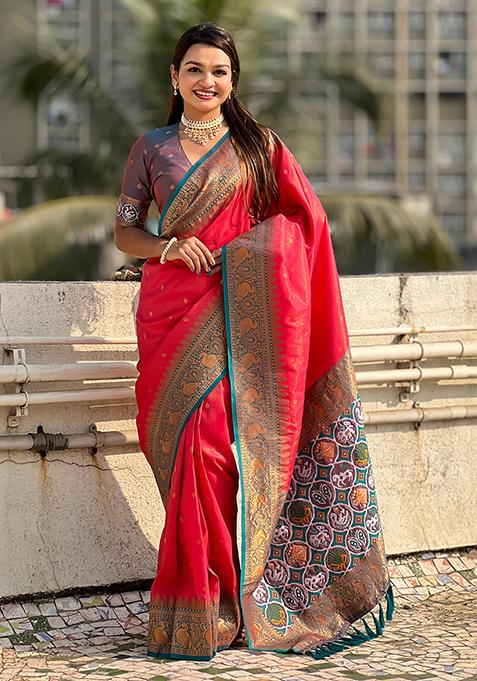 Red Zari Woven Tissue Saree Set