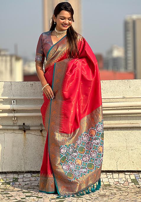 Red Zari Woven Tissue Saree Set