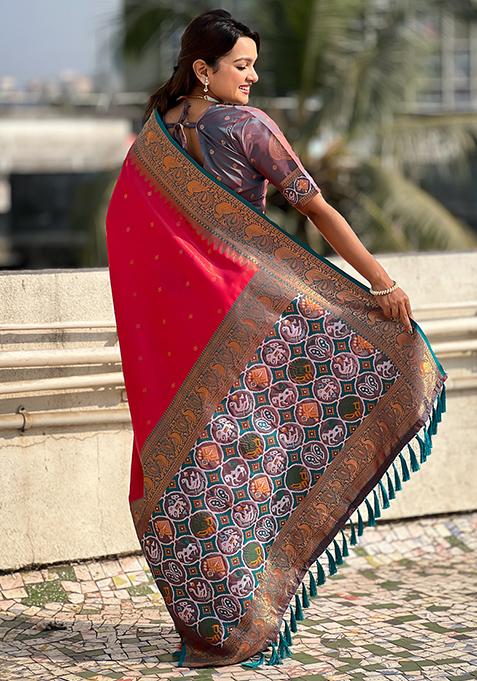 Red Zari Woven Tissue Saree Set