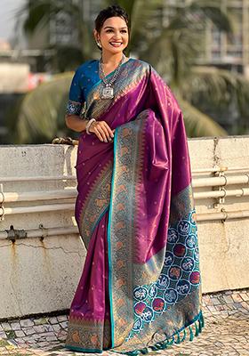 Magenta Zari Woven Tissue Saree Set