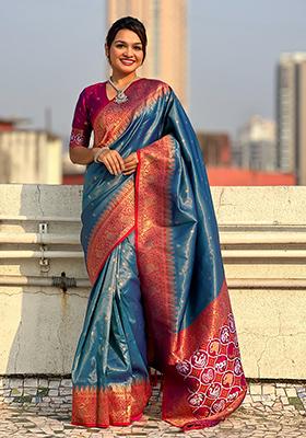 Blue Zari Woven Tissue Saree Set