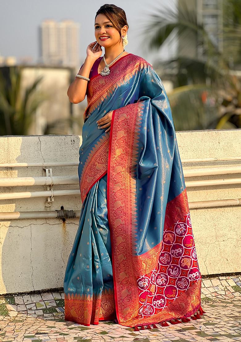Blue Zari Woven Tissue Saree Set