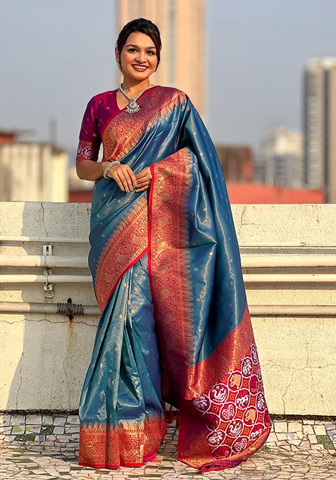 Blue Zari Woven Tissue Saree Set