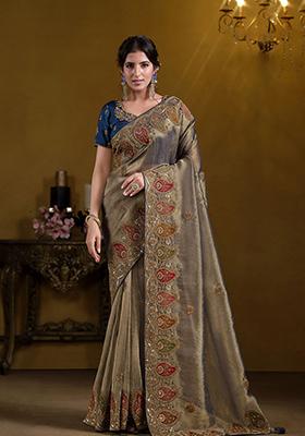 Teal Embroidered Art Silk Saree Set