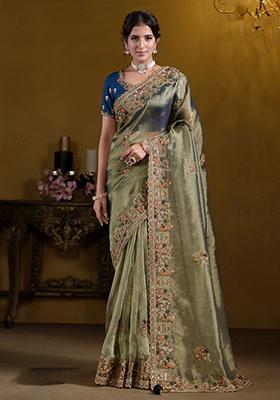 Green Embroidered Art Silk Saree Set