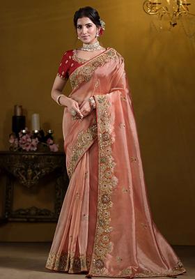 Orange Embroidered Art Silk Saree Set