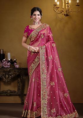 Pink Embroidered Art Silk Saree Set